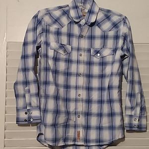 RafterC Western Shirt Youth Boys Size L Blue Plaid Pearl snap buttons